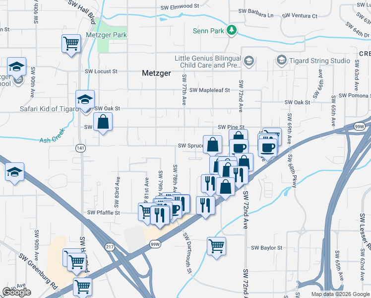 map of restaurants, bars, coffee shops, grocery stores, and more near 7700 Southwest Spruce Street in Tigard