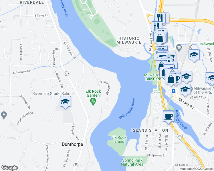map of restaurants, bars, coffee shops, grocery stores, and more near 11537 South Riverwood Road in Portland