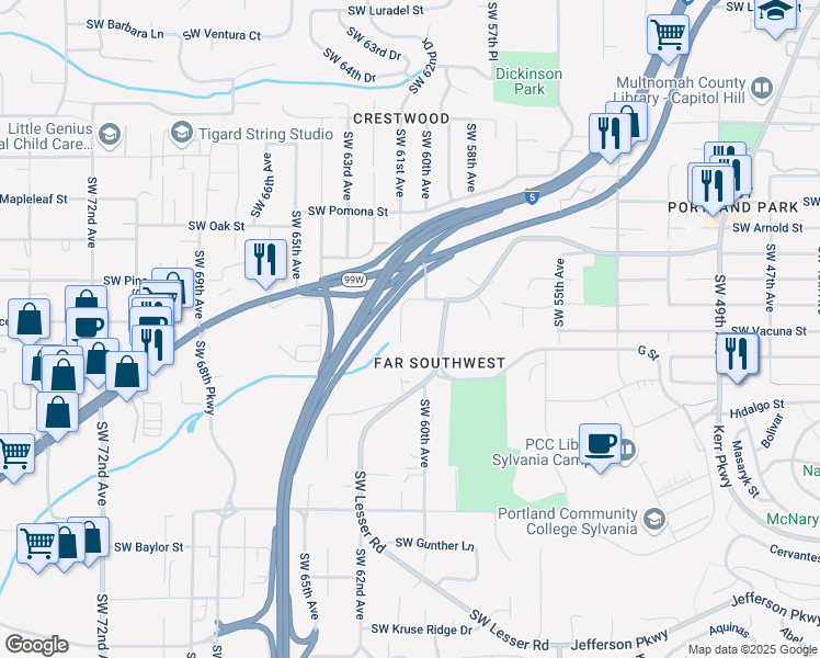 map of restaurants, bars, coffee shops, grocery stores, and more near 11530 Southwest 61st Avenue in Portland