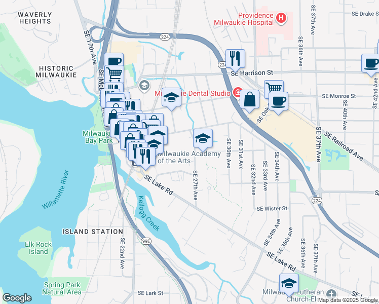 map of restaurants, bars, coffee shops, grocery stores, and more near 11155 Southeast 27th Avenue in Milwaukie