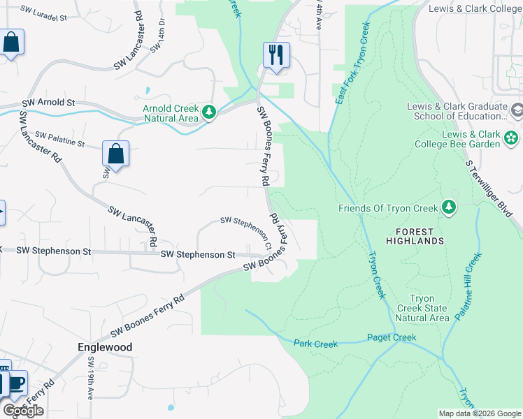 map of restaurants, bars, coffee shops, grocery stores, and more near 11640 Boones Ferry Horse Trail in Portland