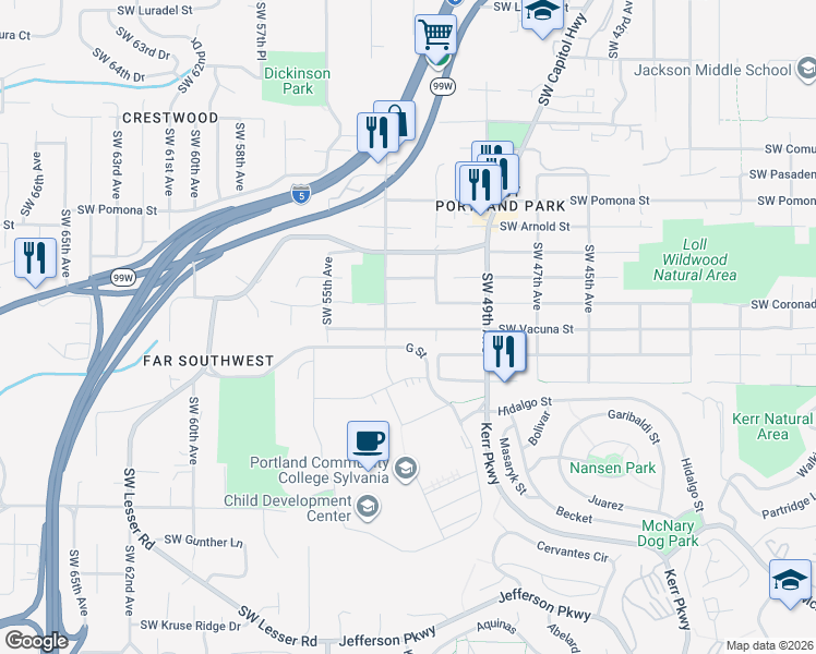 map of restaurants, bars, coffee shops, grocery stores, and more near 5137 Southwest Coronado Street in Portland