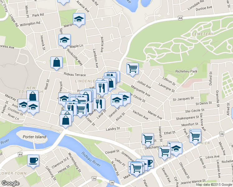 map of restaurants, bars, coffee shops, grocery stores, and more near in Ottawa