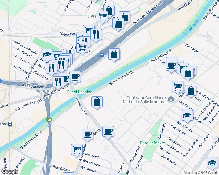 map of restaurants, bars, coffee shops, grocery stores, and more near 8300 Rue Saint-Patrick in Montréal