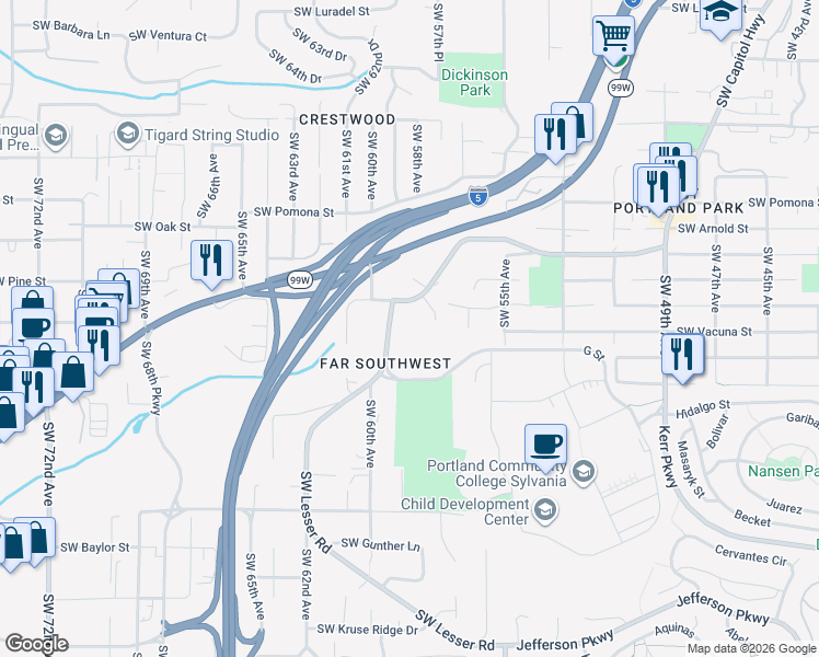 map of restaurants, bars, coffee shops, grocery stores, and more near 11552 Southwest Lesser Road in Portland