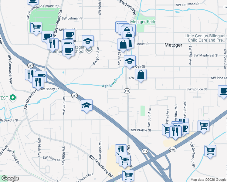 map of restaurants, bars, coffee shops, grocery stores, and more near 8826 Southwest Spruce Street in Tigard