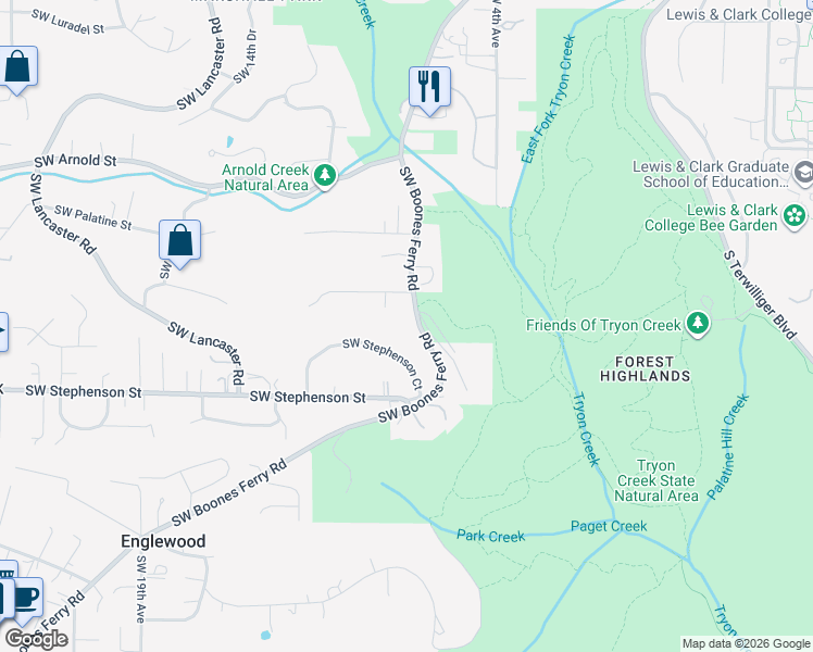 map of restaurants, bars, coffee shops, grocery stores, and more near 11640 Boones Ferry Horse Trail in Portland