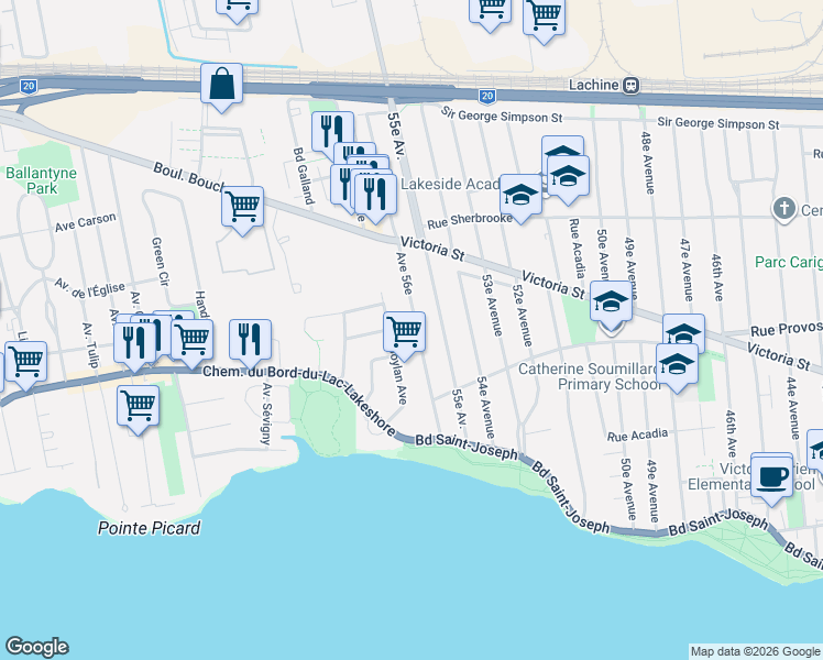 map of restaurants, bars, coffee shops, grocery stores, and more near 165 56e Avenue in Montréal