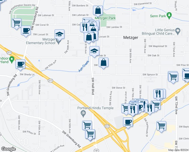 map of restaurants, bars, coffee shops, grocery stores, and more near 8570A Southwest Spruce Street in Portland