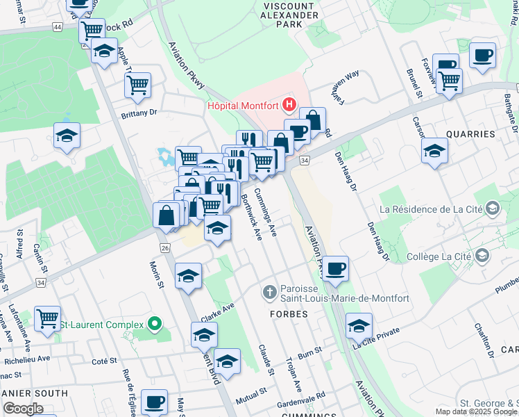 map of restaurants, bars, coffee shops, grocery stores, and more near 630 Cummings Avenue in Ottawa