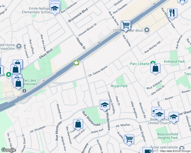 map of restaurants, bars, coffee shops, grocery stores, and more near 555 Montrose Drive in Beaconsfield