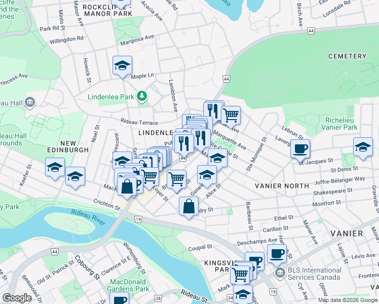 map of restaurants, bars, coffee shops, grocery stores, and more near 11 Acacia Avenue in Ottawa