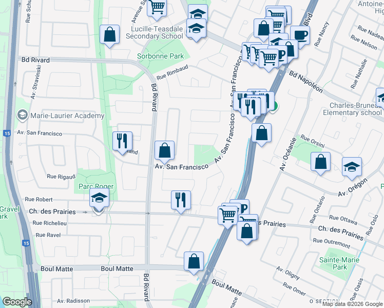 map of restaurants, bars, coffee shops, grocery stores, and more near 9001 Croissant Rimouski in Brossard