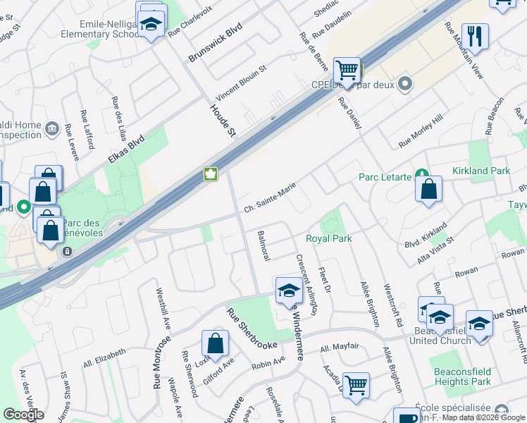 map of restaurants, bars, coffee shops, grocery stores, and more near 555 Montrose Drive in Beaconsfield