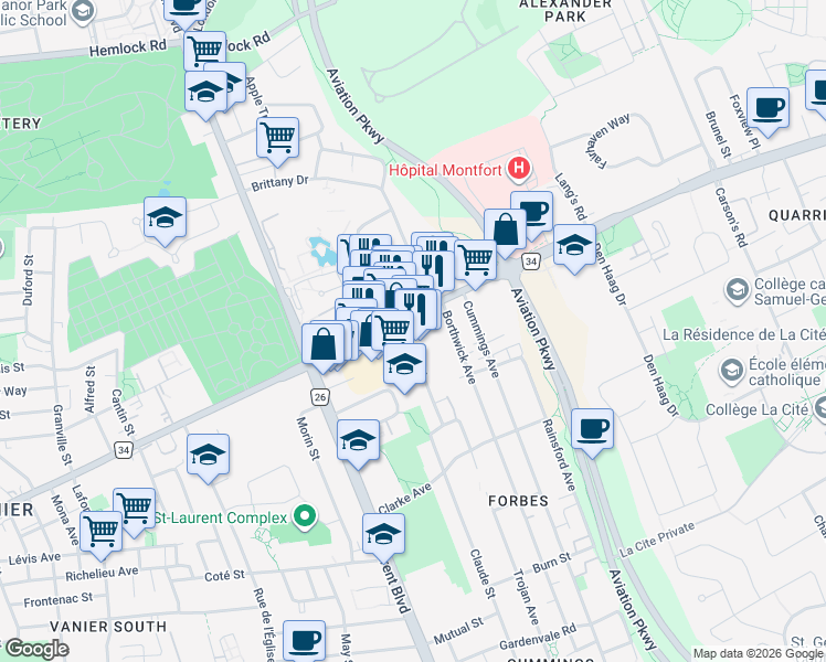 map of restaurants, bars, coffee shops, grocery stores, and more near 595 Montréal Road in Ottawa