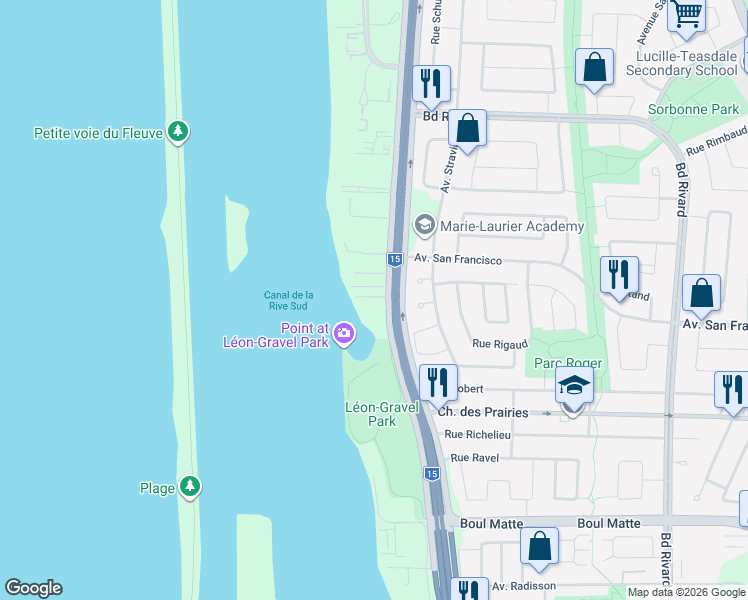 map of restaurants, bars, coffee shops, grocery stores, and more near 9064 Boulevard Marie-Victorin in Brossard
