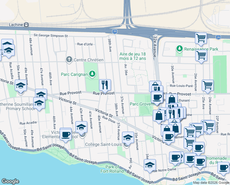 map of restaurants, bars, coffee shops, grocery stores, and more near 38th Avenue in Montreal