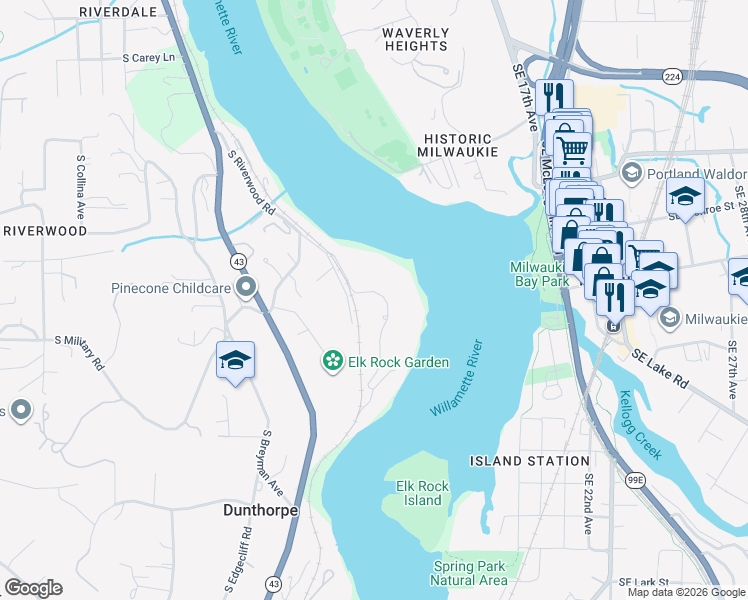 map of restaurants, bars, coffee shops, grocery stores, and more near 11426 South Riverwood Road in Portland
