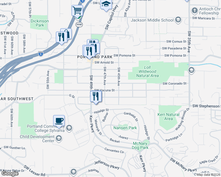 map of restaurants, bars, coffee shops, grocery stores, and more near 4533 Southwest Coronado Street in Portland