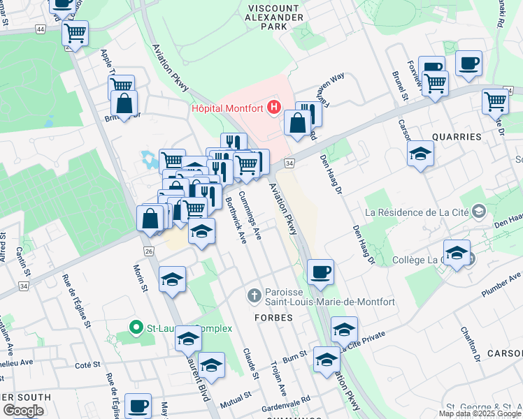map of restaurants, bars, coffee shops, grocery stores, and more near 680 Montréal Road in Ottawa