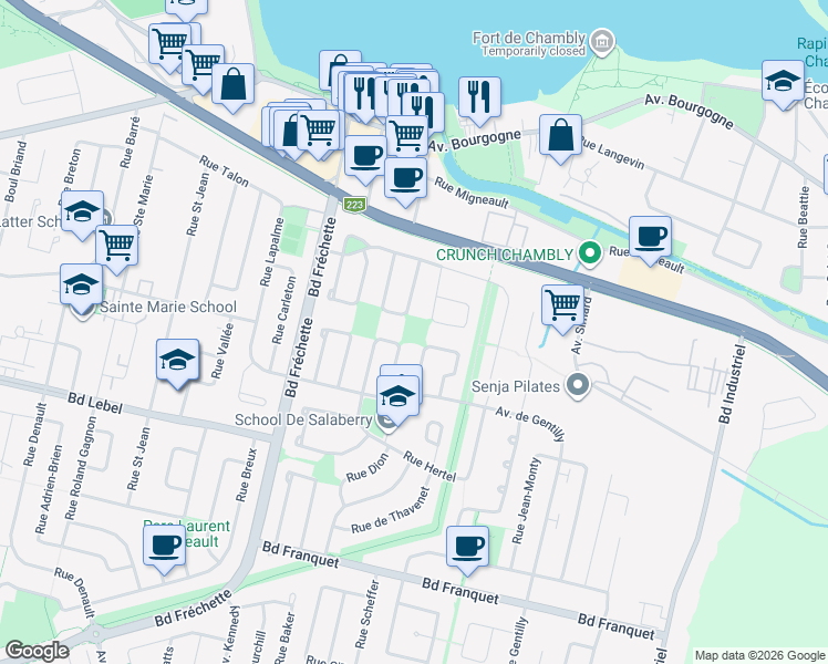 map of restaurants, bars, coffee shops, grocery stores, and more near Rue Charette in Chambly