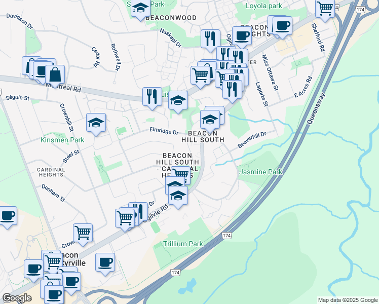 map of restaurants, bars, coffee shops, grocery stores, and more near 1912 Elmridge Drive in Ottawa