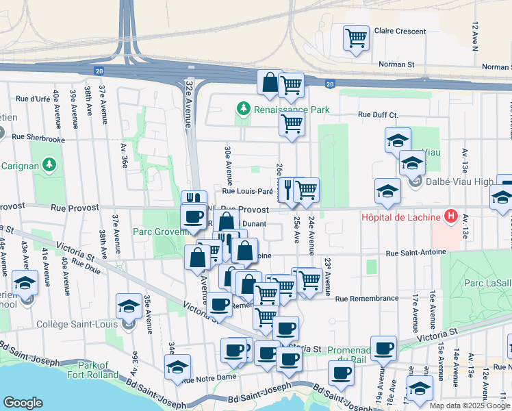 map of restaurants, bars, coffee shops, grocery stores, and more near 2750 Rue Provost in Montreal