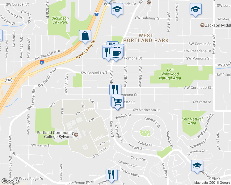 map of restaurants, bars, coffee shops, grocery stores, and more near 4827 Southwest Vacuna Street in Portland