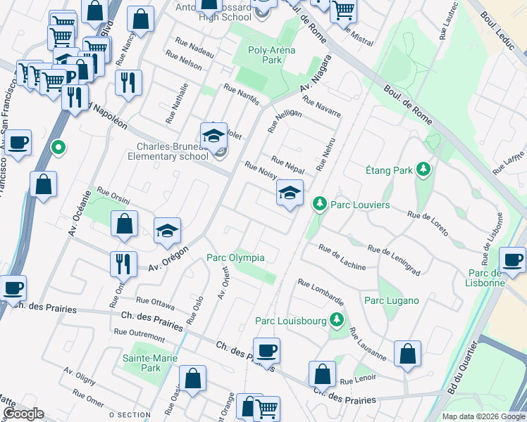 map of restaurants, bars, coffee shops, grocery stores, and more near 4110 Rue Orly in Brossard