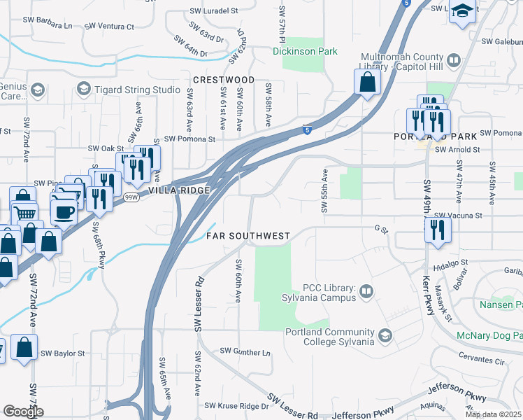 map of restaurants, bars, coffee shops, grocery stores, and more near 11552 Southwest Lesser Road in Portland