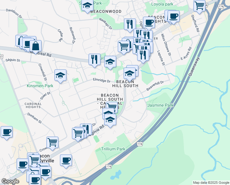 map of restaurants, bars, coffee shops, grocery stores, and more near 1910 Elmridge Drive in Ottawa