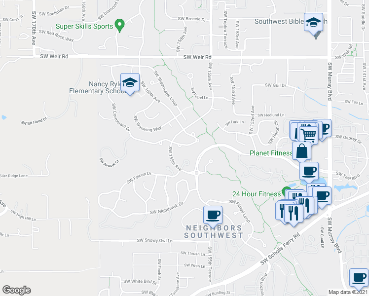 map of restaurants, bars, coffee shops, grocery stores, and more near 10756 Southwest Oriole Circle in Beaverton