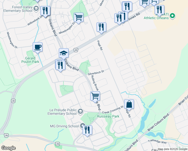 map of restaurants, bars, coffee shops, grocery stores, and more near 6114 Silverbirch Street in Ottawa