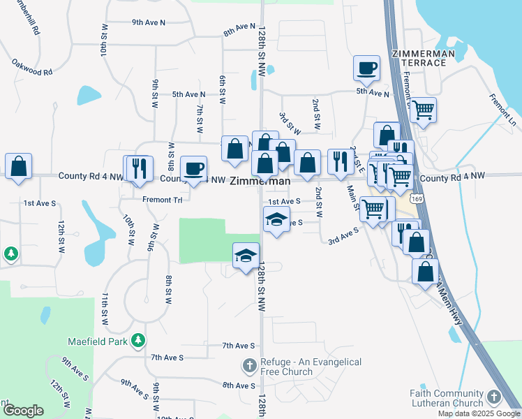 map of restaurants, bars, coffee shops, grocery stores, and more near 25959 4th Street West in Zimmerman