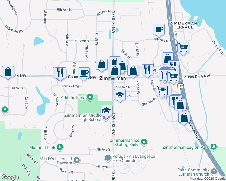map of restaurants, bars, coffee shops, grocery stores, and more near 25959 4th Street West in Zimmerman