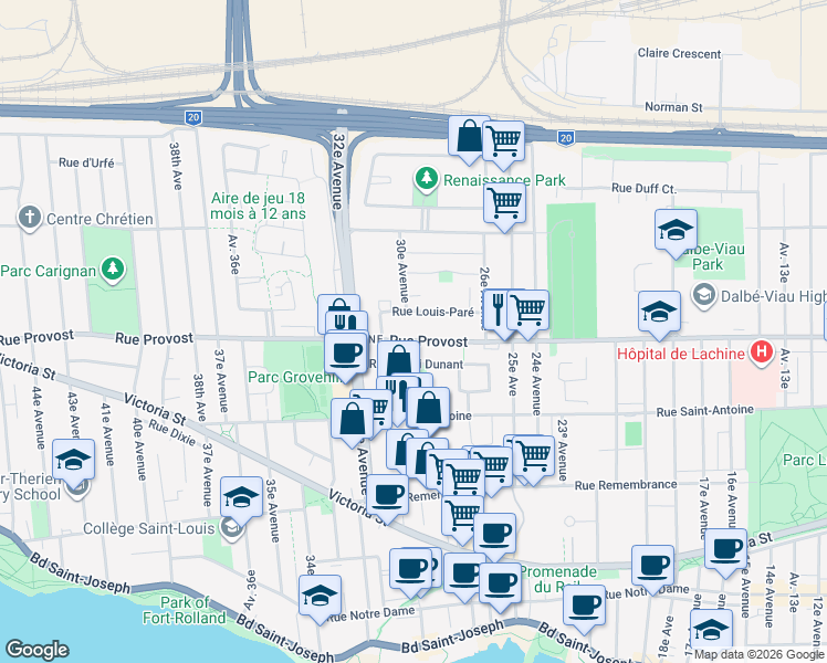 map of restaurants, bars, coffee shops, grocery stores, and more near 2980 Rue Provost in Montréal