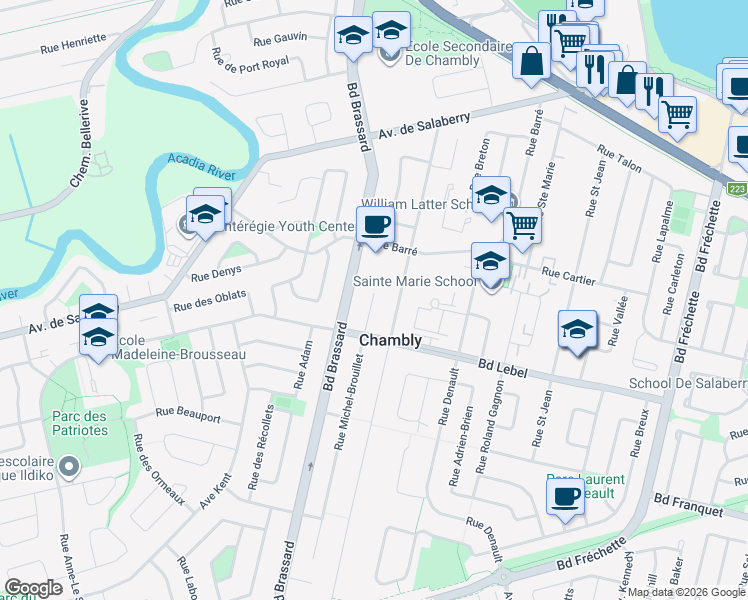 map of restaurants, bars, coffee shops, grocery stores, and more near 1183 Rue Michel-Brouillet in Chambly