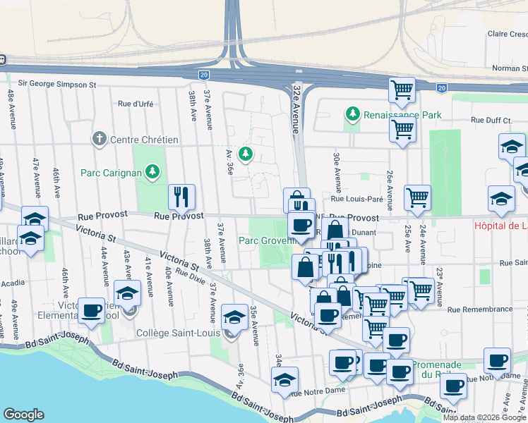 map of restaurants, bars, coffee shops, grocery stores, and more near 3440 Rue Provost in Montréal