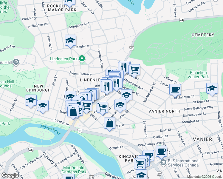map of restaurants, bars, coffee shops, grocery stores, and more near 11 Acacia Avenue in Ottawa