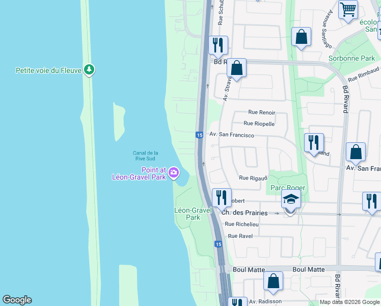 map of restaurants, bars, coffee shops, grocery stores, and more near 9040 Boulevard Marie-Victorin in Brossard