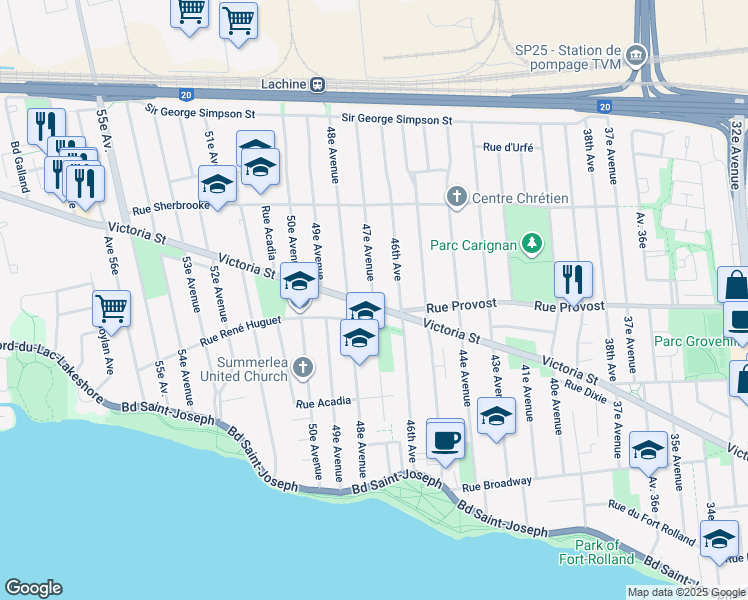 map of restaurants, bars, coffee shops, grocery stores, and more near 47e Avenue in Montréal