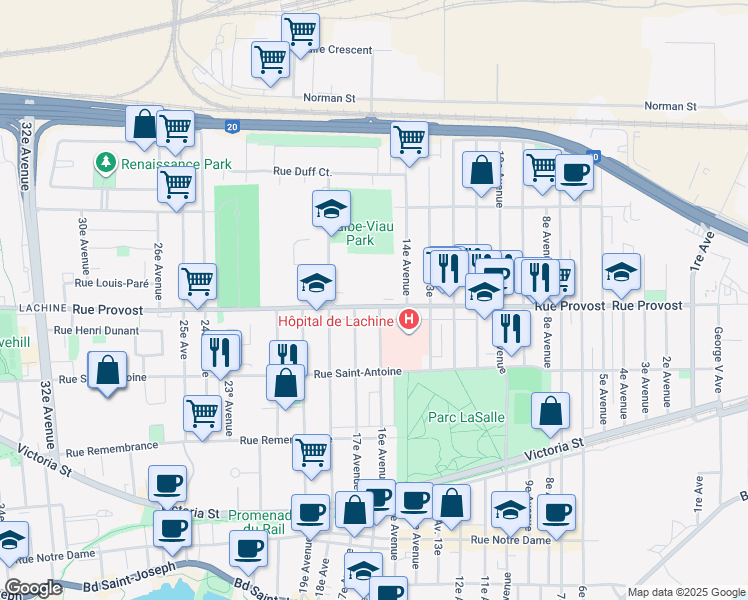 map of restaurants, bars, coffee shops, grocery stores, and more near 740 Rue Esther Blondin in Montreal