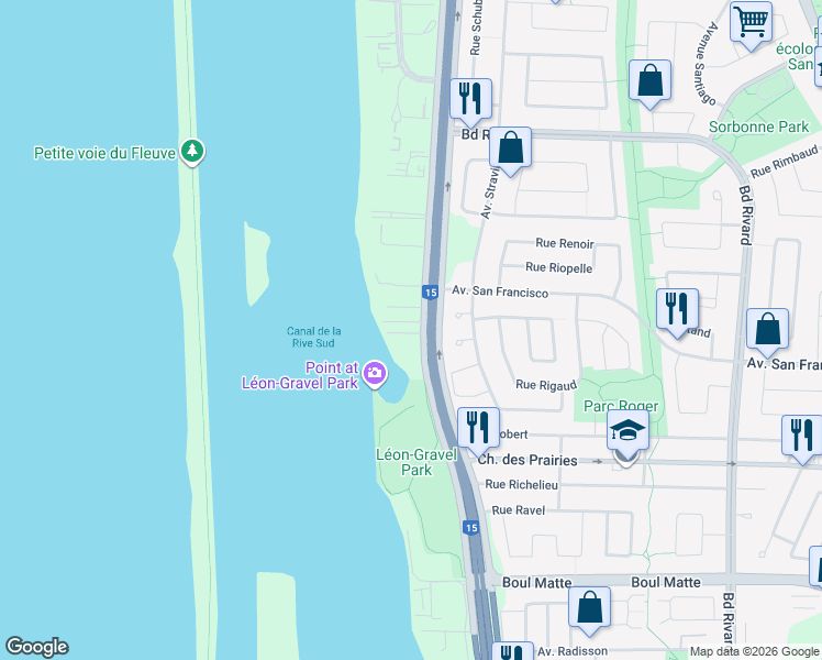 map of restaurants, bars, coffee shops, grocery stores, and more near 9040 Boulevard Marie-Victorin in Brossard