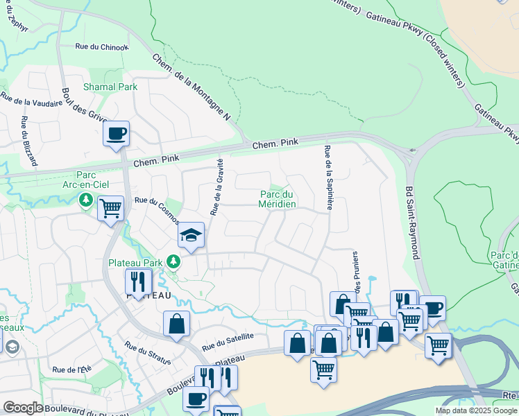 map of restaurants, bars, coffee shops, grocery stores, and more near 13 Rue de la Galaxie in Gatineau