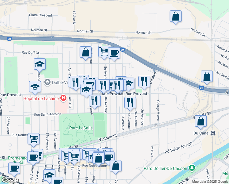 map of restaurants, bars, coffee shops, grocery stores, and more near 610 Rue Provost in Montréal