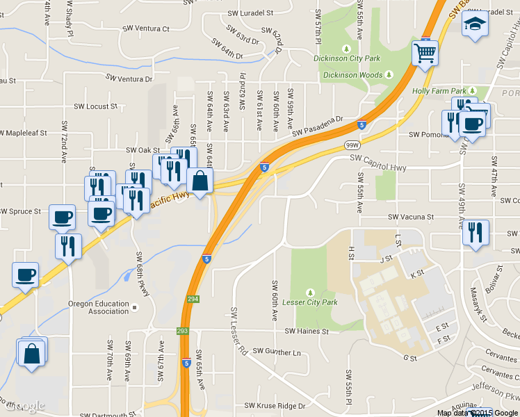map of restaurants, bars, coffee shops, grocery stores, and more near 11611 SW 61st Ave in Portland