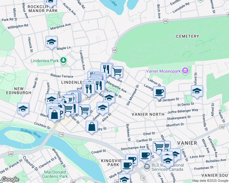 map of restaurants, bars, coffee shops, grocery stores, and more near in Ottawa