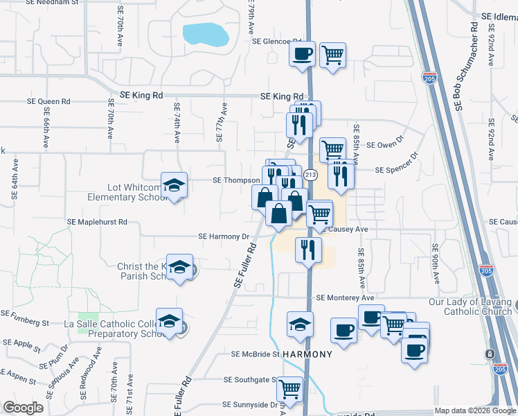 map of restaurants, bars, coffee shops, grocery stores, and more near 7881 Southeast Phillips Creek Lane in Milwaukie