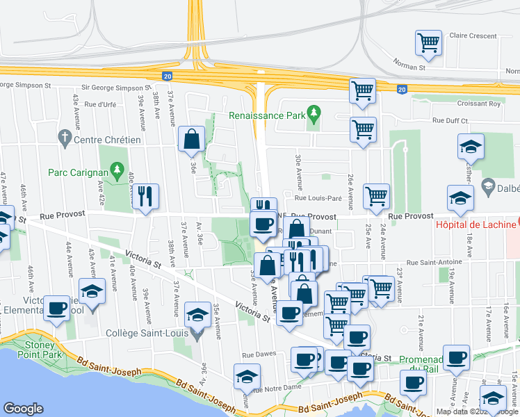 map of restaurants, bars, coffee shops, grocery stores, and more near 775 32e Avenue in Montréal
