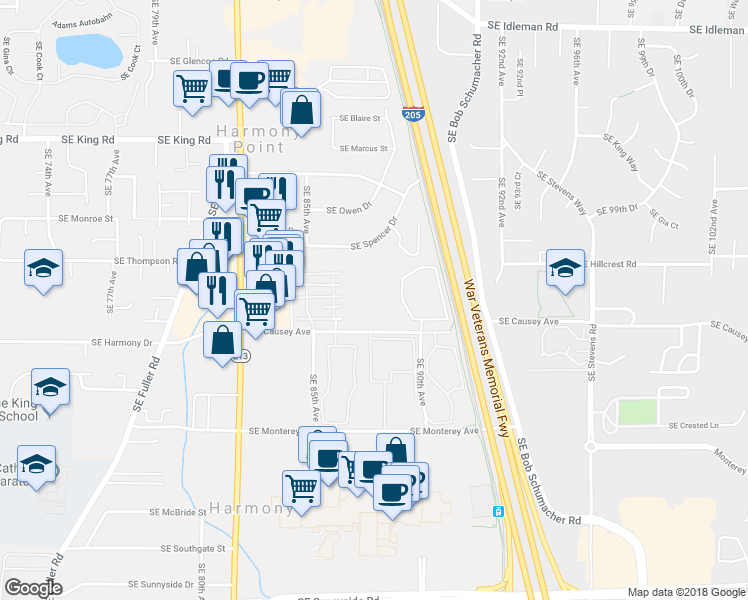 map of restaurants, bars, coffee shops, grocery stores, and more near 8609 Southeast Causey Avenue in Happy Valley